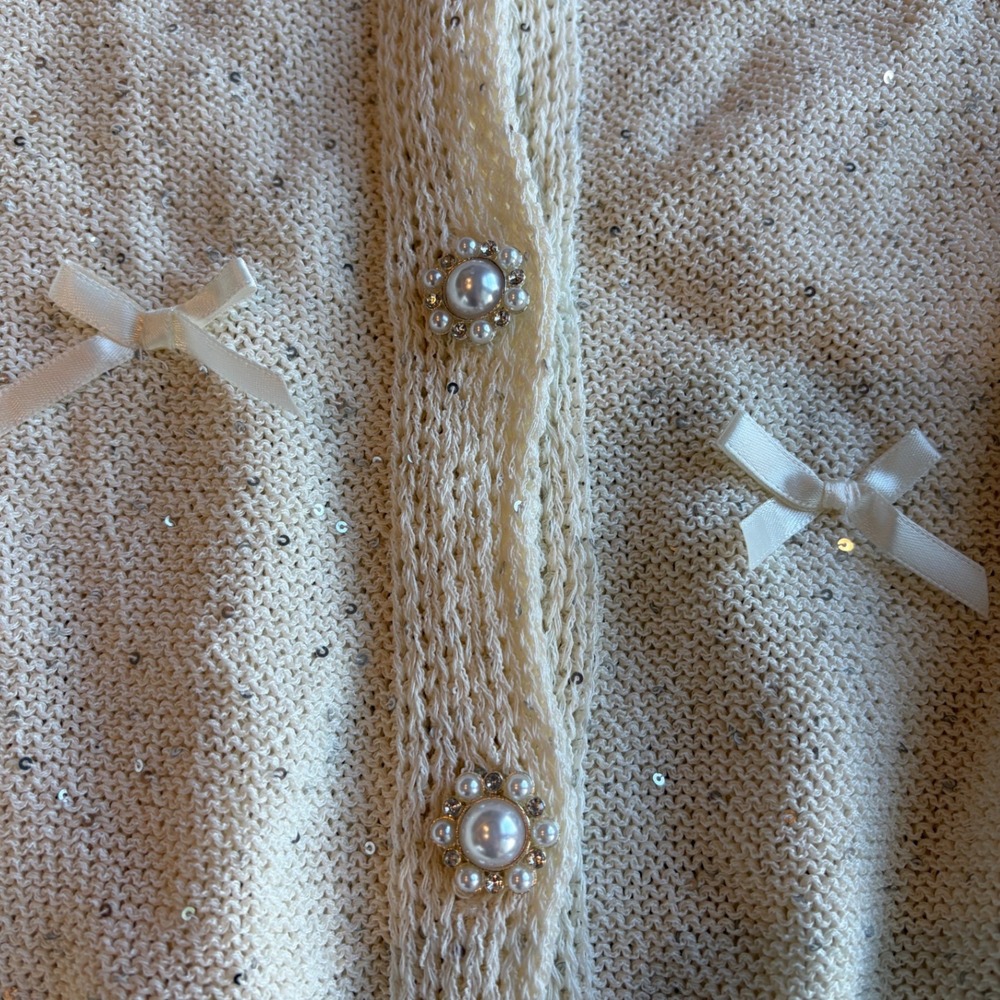 Cocobleu New York Cream Sequin Bow Cardigan Pearl Button Short Sleeve Large - Picture 3 of 9